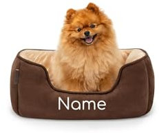 lionto Hundebett 2-in-1 mit komfortablem Einstieg, kuscheliges Heimtierbett zum Wenden für Hunde und Katzen, 60x50 cm, Hundekissen in pflegeleichter Wildlederoptik, braun/beige (Namensaufdruck)
