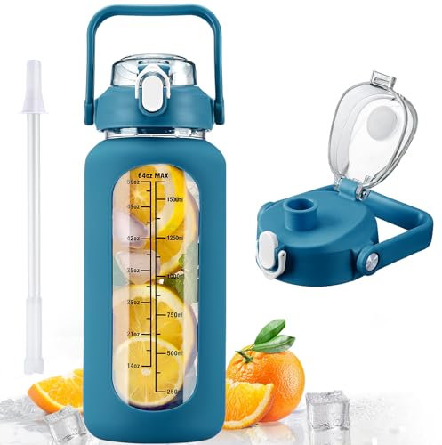 kytffu Bouteilles d'eau en verre de 1,9 l avec paille, bouteille de motivation avec manchon en silicone et marqueur de temps, grande carafe d'eau en verre étanche de 2 L pour salle de sport, maison,