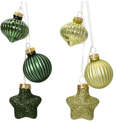 Christbaumkugeln Stern, Kugel, Zapfen in grün - Glanz, Matt und Gitter, echt Glas, L.3.5cm x W.4cm x H.11.5cm - 6er Set