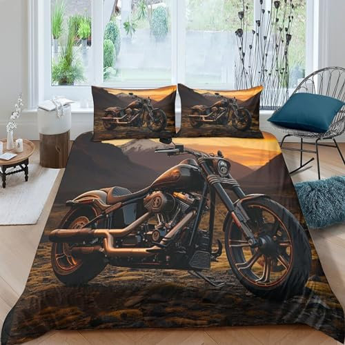 Harley Rider 3 Pezzi 3D Stampa Digitale Moto vintages Set Copripiumino Copripiumino Microfibra Morbido E Federe Set Di Biancheria Da Letto Con Cerniera Per Bambini King（220x240cm） Harley Rider Se