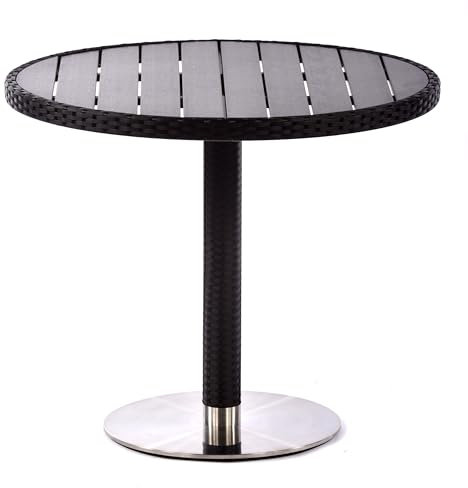 BrackenStyle Ascot Rattan-Tisch, rund, 90 cm, schwarz, mit schwarzer Polywood-Platte – langlebig, wetterfest, für den Außenbereich, kommerzieller Stand-Esstisch
