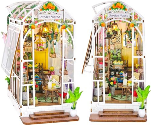 MeYuxg Sunshine Town Kit de Book Nook, Maquette Maison de Jardin avec Lumière LED, Booknook Maison Miniature a Construire pour Nook Book, DIY Miniature House, Serre Livre Deco