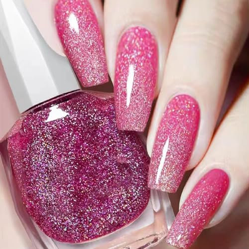 Glitter Nail Polish, Pink Nail Varnish, Diamond Glitter Quick Dry Nail Polish No UV Lamp Curing, Long Lasting, Chip Resistant, Non-Toxic, Quick Drying, Salon Manicure, At Home Manicure (4#Pink)