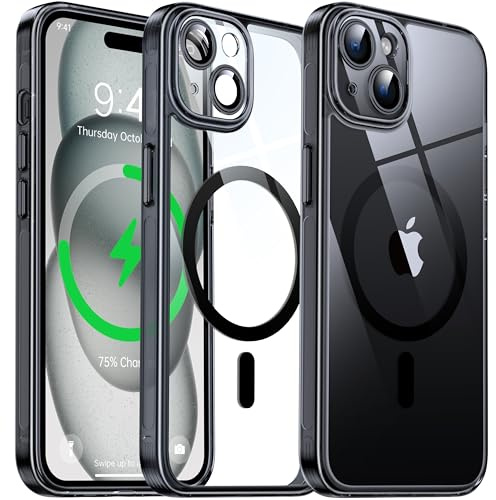 Flyzoo Magnetisch Hybrid Clear Hülle für iPhone 15 Plus - [Kompatibel mit MagSafe] [Eingebaute Kameraschutz Folie] Hart Durchsichtig Handyhülle Stoßfeste Transparente mit Silikon Schutzhülle, Schwarz