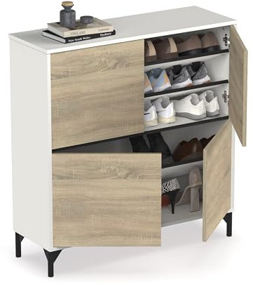 MUEBLES PITARCH | Recibidor Zapatero Mueble Auxiliar para Entrada con Patas, 4 Puertas, Blanco y Roble Cambrian, 20 Pares de Zapatos, Tallas Grandes, 101x96,5x33cm, Moderno, Industrial, Modelo Kioto