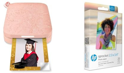HP Sprocket Portable 5x7.6 cm Sofortbilddrucker (Rosa) & Sprocket 5.8x8.7 cm Premium Zink Sticker Fotopapier (20 Blatt) Kompatibel Sprocket Select Fotodruckern