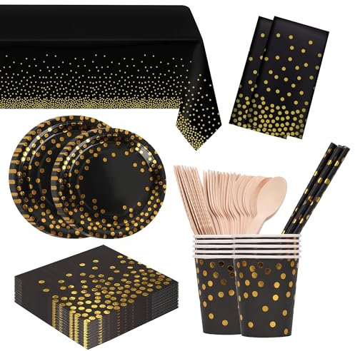 Trimming Shop Party Tableware Black Gold 162 Pieces Paper Tableware Set Includes Paper Plates Napkins Paper Cups Tableware, for Bridal Shower, Engagement, Wedding, Birthday (20 Guests)