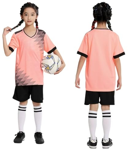 Kids Soccer Kits Boys Girls Sports Uniform Jerseys Kit Activewear Football Jersey Set Quick Drying Pink 12-13Years