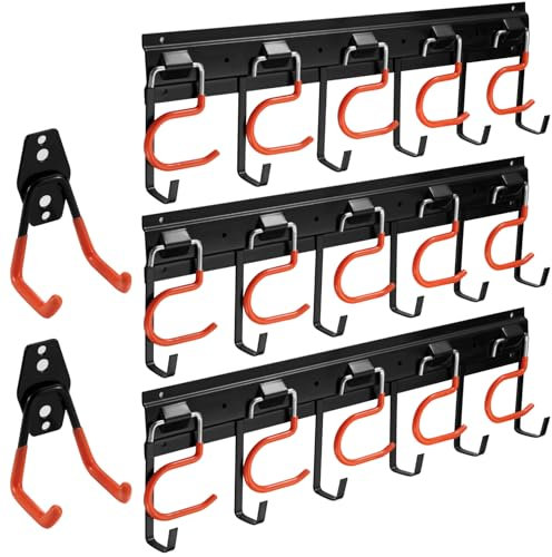 51 Garaje/Jardín de pared organizador Garaje & Locker con pequeño gancho en U para garaje, bicicletas, escaleras, bicicletas, sillas, escobas, rastrillos, palas, palas (3 rieles)
