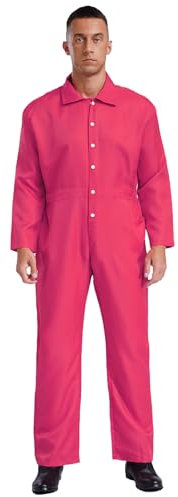 Xnihocha Herren Jumpsuit Langarm Arbeitsoverall Ganzkörperanzug Umlegekragen Einfarbig Bodysuit Arbeitsanzug Hot Pink 3XL