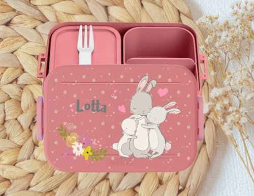 wolga-kreativ personalisierte Mepal Brotdose mit Fächern Hasen Motiv - Lunchbox Kinder, Jausenbox Brotbox Schule Kindergarten Geschenk Einschulung