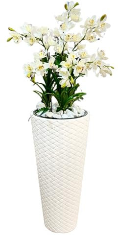 Künstliche Blumen Orchidee sehr groß im Topf XXL 140cm Gesamthöhe Textilblume Orchideengesteck Wie Echt für Heimbüro Hoteldekoration oder Wohnzimmer (Topf weiß Geflecht | weiße Blüten)
