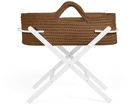 Ickle Bubba Nova Crochet Moseskorb & faltbarer Ständer – geeignet ab Geburt bis 9 kg, kompakt und leicht, inklusive Plüschmatratze, ideal für Nickerchen zu Hause oder auf Reisen (Mokka/Weiß)