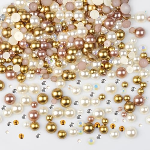 Loghohu 50g Mix Flatback Pearls and Rhinestones, Rhinestones for Bedazzling Mixed Size 3-10mm Resin Rhinestone and Half Pearls Gems for Crafting Nails Face Shoes Clothes