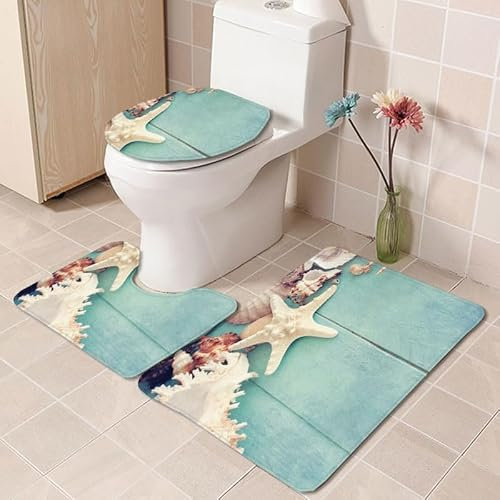 Badezimmerteppich Blaubeiger Seestern WC Vorleger mit Ausschnitt WC Deckelbezug 3 Teiliges WC Teppich rutschfeste Badgarnitur U förmiger Badematte Waschbar Bad Teppiche Set 50x80 cm