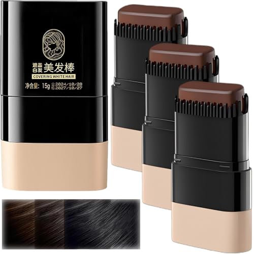 Barra de tinte instantáneo para el cabello, barra de tinte para el cabello con peine integrado, resistente al agua y al sudor, barras de retoque de color portátil para cubrir gris y blanco (3 unidades