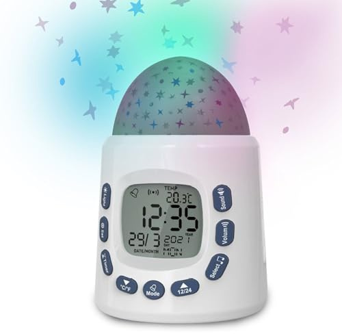 Miraval Sternenwecker mit LED-Projektor, 10 Schlafmelodien, Temperaturanzeige, Datum, Dual-Alarm, Farbwechsel-Licht