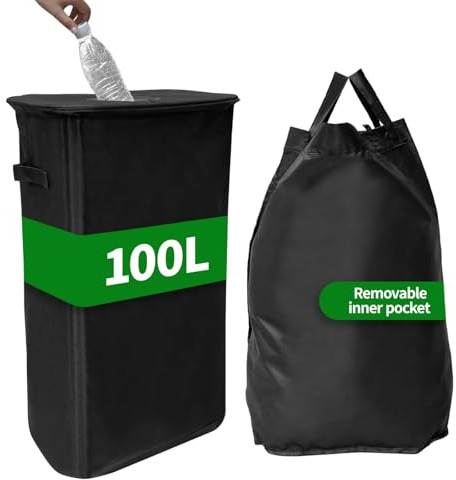 LUMITERRA Colector de Botellas, 100L, Colector de Botellas con Agujero y Bolsa Interior Extraíble, Plegable, Contenedores de Reciclaje Botellas de Depósito para Cocina o Sala de Almacenamiento, Nero