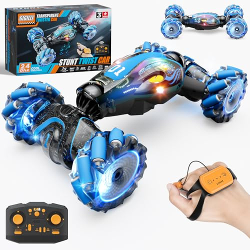 Ferngesteuertes Auto mit Gestensteuerung Doppelseitige RC Auto Ostern Geschenke Kinder 2,4 GHz 360° Wiederaufladbar Crawler Spielzeug mit Lichtern Musik Weihnachten für Junge ab 6-12 Jahre Blau