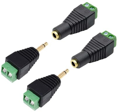 Wvzong 4PCS 3.5mm TS Mono Jack to 2 Pin Screw Terminal Adapter Set - 2x Male Plug & 2x Female Socket - Gold Plated Solderless Connector, Audio Cable Converter for Speaker, Microphone