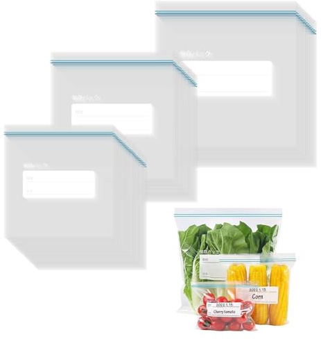 huoanpo 65 Stück Gefrierbeutel Wiederverwendbar, 3 Größen mit Zip | PE Frischhaltebeutel mit Etikettfeld und Gleitverschluss, für Obst, Gemüse, Fleisch, Snacks, Küche und Reise