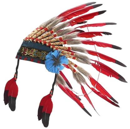 Nishiyuenyi Indio Plumas Artificiales Sombrero Jefe Accesorios Disfraz Diseño Tradicional Material Poliéster Adecuado para Carnaval Fiesta Disfraces, Rojo