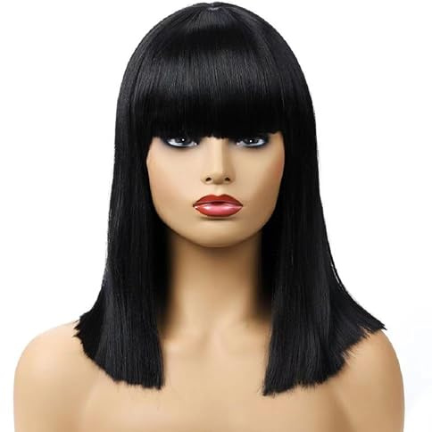 CATMEYE Straight Black Wig with Bangs, Short Bob Heat‑Resistant Synthetic Hair Full Wig for Women & Girls, Adjustable Cap, Fancy Dress Cosplay Party Halloween (Black)