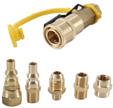 DUZEPA Kit adattatore a collegamento rapido per propano per camper da 7 pezzi con valvola di intercettazione, raccordi in ottone da 3/8 x 1/4 per barbecue, campeggio, cucina all'aperto