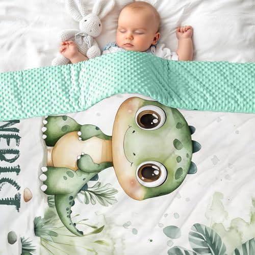 MJARTORIA Personalisierte Babydecke mit Name Baby Decke Neugeborenen Mädchen Junge Individuelle doppelseitig Kuscheldecke Kinderdecke Geschenk 100/150/200cm (Grün Dinosaurier)