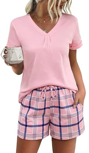 Jezonga Pyjamas Femme Ete Coton Ensembles de Pyjama Court Vêtements de Nuit Manches Courtes Col V avec Poches Latérales B#Rose M