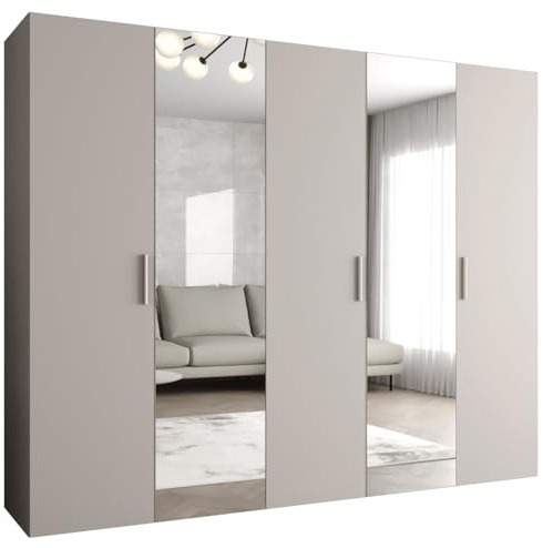 MEBLE KRYSPOL - Kleiderschrank - Garderobenschrank - 250 cm x 202 x 52 cm - Schrank mit Kleiderstange und Spiegel, 5 Türen - für Schlafzimmer, Flur - BARI, Kaschmir, Griff Silber