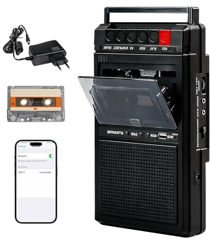 Reproductor de casete retro portátil, reproductor de casetes Bluetooth con función de grabación, digitalización de casetes a través de USB y audio, reproductor de casete móvil con doble fuente de
