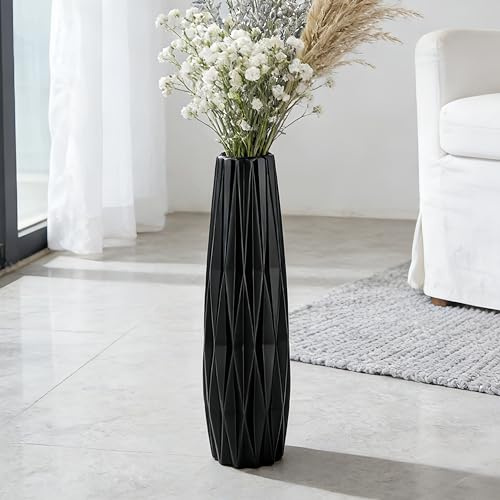 Duoqulou 40cm Schwarze Keramik Bodenvase,15.7 Große Dekorative Vase für Wohnzimmer, Büro, Schlafzimmer, Ideal für Pampasgras, Moderner Stil, Glänzende Oberfläche