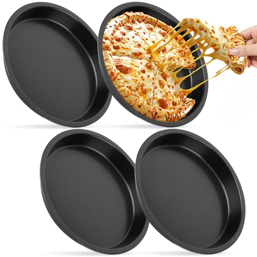 4Pcs Teglie Pizza Rotonda con Rivestimento Antiaderente, Piatti Rotondi Acciaio Carbonio Diametro 20cm, Stampi Teglia Pizza Forno Calore Uniforme Duraturo per Pasticceria, Quiche, Fiamme, Torte, Nero