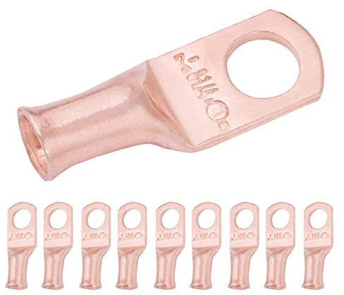 SELTERM 8 AWG (10 mm²) - 1/4 (M6) ⌀ Hole UL Heavy Duty Wire Lugs, Battery Cable Ends, Bare Copper Eyelets, Tubular Ring Terminal Connectors [B3] - 10 Pack