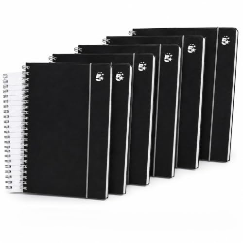 5 Star A5 Lined Notebook Writing Pad (6 Pack) Black Sprial Notebook 160 Pages Wirebound Notebook Ruled Polypropylene