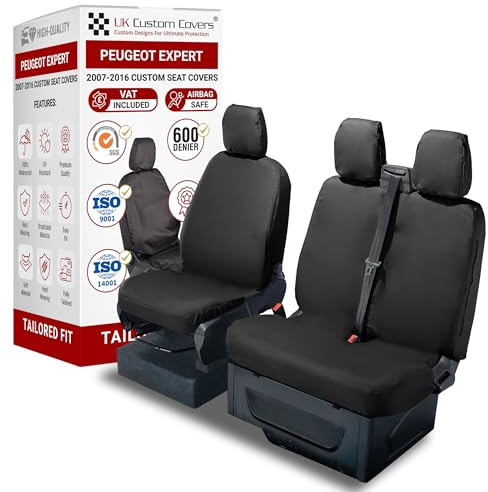 To Fit Peugeot Expert Seat Covers 2007-2016 Front Set | Waterproof & Heavy Duty, Airbag Compatible, Easy To Fit - Tailored Driver & Double Passenger Black
