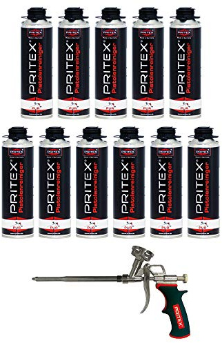 PRITEX – Set aus 11x 500 ml Pistolenreiniger + Schaumpistole – Schaumreiniger für Montagepistolen, Dosenventile & Oberflächen + Bauschaumpistole zur Verarbeitung von 1-Komponenten-Schäumen