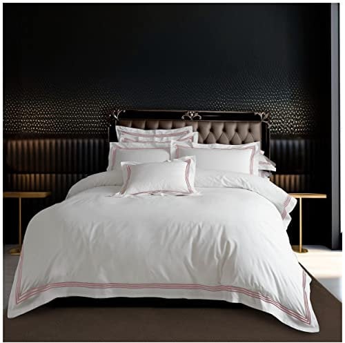 GC GAVENO CAVAILIA Plain Striped Devore Bedding Sets - Breathable & Reversible Comforter Cover With Pillowcases - Hotel Quality Embroidered Border Double Duvet Set, White/Pink