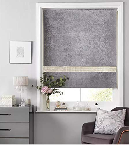 Crushed Velvet Blackout Dim Out Diamante Trim Roller Blinds, Child Safe - Easy FitSilver 90cm