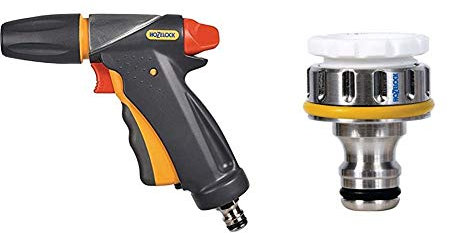 Hozelock Jet Spray Ultramax Gun, Grey/Yellow, 16x10x8 cm & Metal Threaded Connector Pro 3/4 inch for Taps