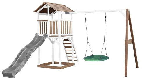 AXI Beach Tower Spielturm aus Holz in Braun & Weiß | Spielhaus für Kinder mit Grauer Rutsche, Nestschaukel und Sandkasten | Stelzenhaus für den Garten