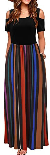 STYLEWORD Women's Summer Cold Shoulder Short Sleeve Maxi Dress Floral Print Elegant Long Dress with Pockets(Floral36,XL)