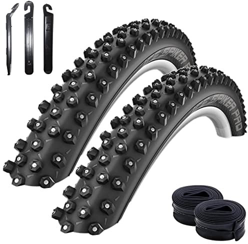 2 x Schwalbe Ice Spiker Pro RaceGuard Winterreifen Fahrradreifen in Schwarz 54-559 (26 x 2.10) + 2 Schwalbe Schläuche SV13 inkl. 3 Reifenheber