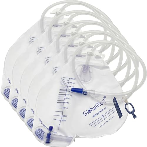 GlobalRoll Urinary Drainage Bag with Anti-Reflux Chamber, Urine Bag with 2000 mL Volume, 48 Drainage Tube, Clips and Hanging Hook, Professional Urinary Bag for Home and Hospitals Health Aids, 5 Pack