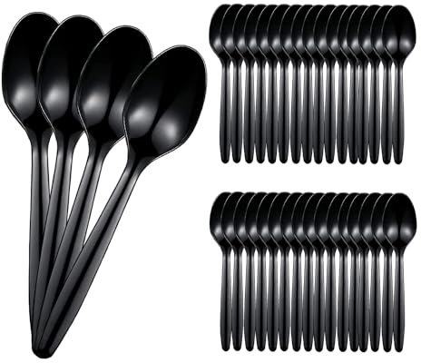 GEFIRE 100 Stücke Schwarz Plastiklöffel, Mehrweg Eierlöffel, Plastik Plastik Besteck Rührstäbchen Plastik Besteck dauerhaft Plastiklöffel Geeignet für Desserts, Spülmaschine, Party Camping