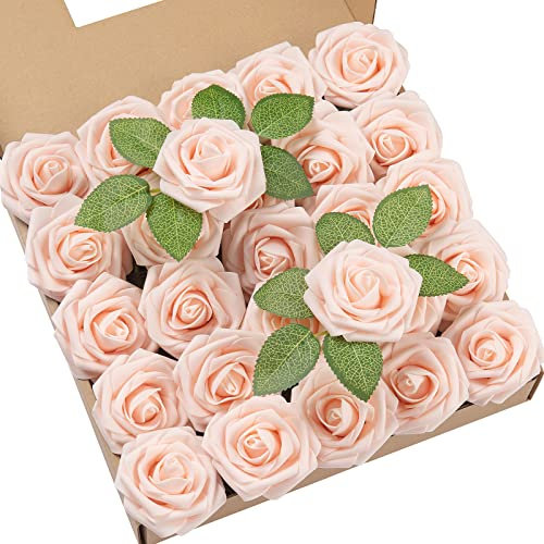 DuHouse Künstliche Rosen Blumen Fake Schaumstoff Rosen Köpfe mit Stiel Künstliche Blumen Rose für Hochzeit Home Party Baby Dusche Valentinstag Deko(25 Stück,Erröten)