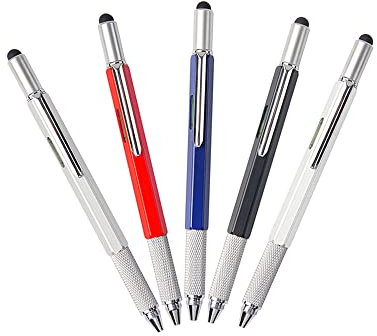 HUKITECH Lápiz multifunción de calidad prémium, destornillador multiherramienta 6 en 1, cinta métrica, nivel de burbuja, destornillador de estrella, punta de goma, color: rojo