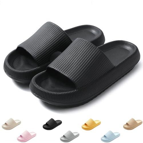 QJJQ Ciabatte Donna Uomo Comode Slide Nuvole Ultra Morbide Casa Pantofole Sandalo Estive Antiscivolo Ciabatte da Mare Spiaggia Piscina, Nero, 44-45 EU