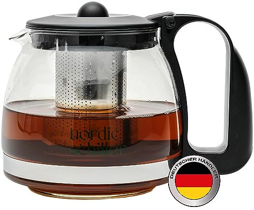 NORDIC SCHILLER Premium Teiera in vetro con Coperchio, Teiera Vetro Con Infusore, 1250ml, Resistente al Calore, Teiera Termica con Filtro in Acciaio Inox, Tea Maker, Glass Tea Pot
